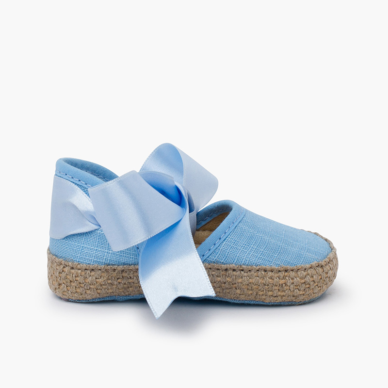 Alpargatas de Bebé Linho com Fitas de Cetim Azul