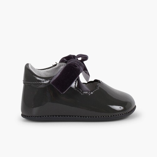Sapatos Merceditas Bebé Verniz Laço Veludo Cinzento