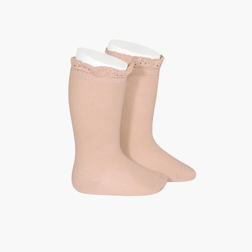 Meias Altas com Renda Rosa Pó