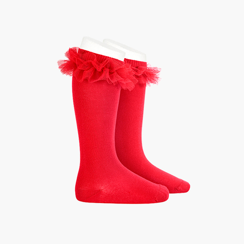 Meias Altas Lisas Tira Tule Vermelho