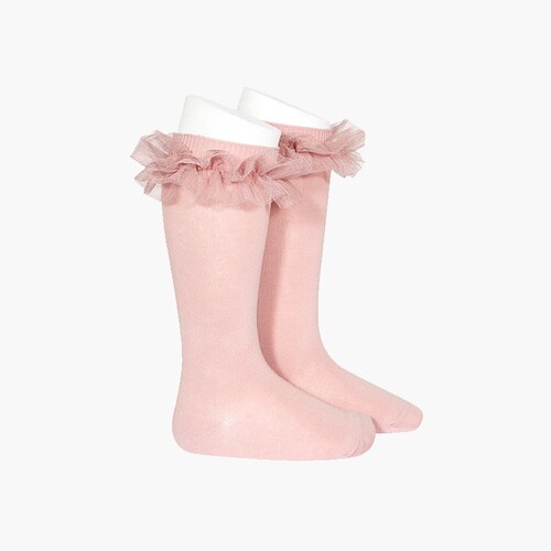 Meias Altas Lisas Tira Tule Rosa Pálido