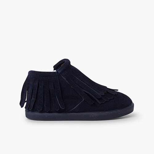 Botim Camurça Franjas Fecho-éclair Lateral Azul Marinho