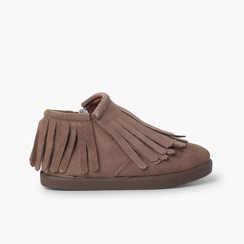 Botim Camurça Franjas Fecho-éclair Lateral Taupe