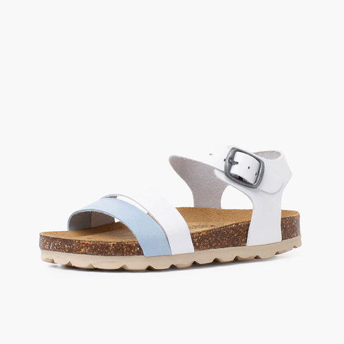 Sandália Tiras Bicolor Sola Bio Ergonómica Branco e Azul Claro