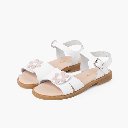 Sandália tira larga aderente flor fecho fivela Flor Branca Rosa