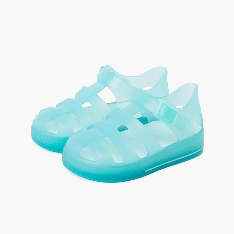 Sandálias de borracha sola ao tom e fecho botão clip Água-marinha