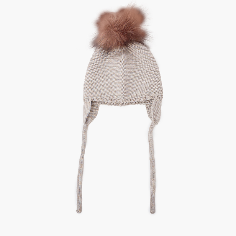 Gorro lã tapa orelhas pompom pelo Bege