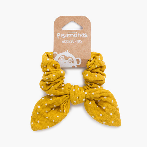 Elástico de cabelo scrunchie com laço às bolinhas Mostarda