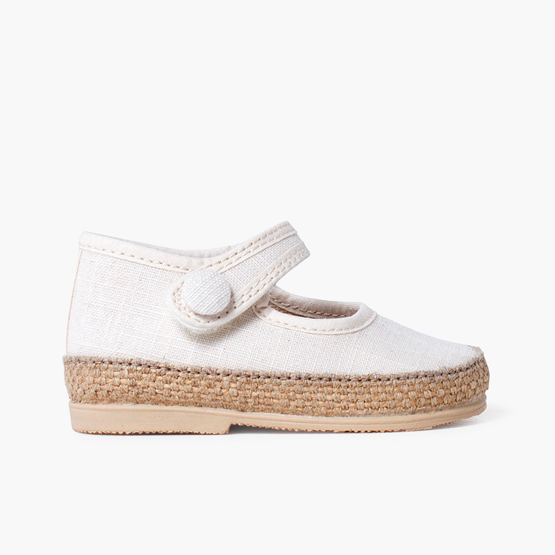 Merceditas bebé linho e juta detalhe botão Branco