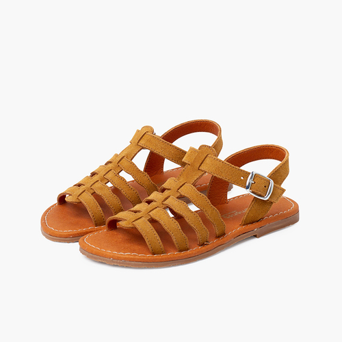 Sandálias camurça tipo gladiador fivela Camelo