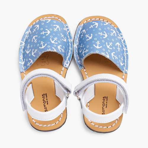 Menorquinas bicolor âncoras criança tira aderente Jeans Branco e Azul