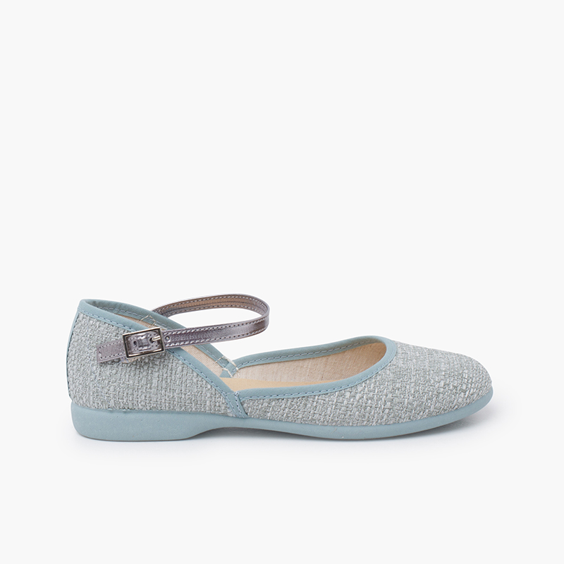 Merceditas decotadas tipo linho pulseira metalizada Azul