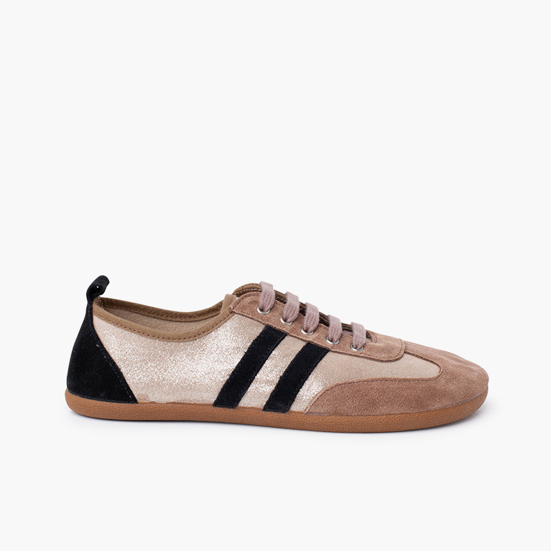 Sapatilhas combinadas barefoot brilho e riscas Taupe