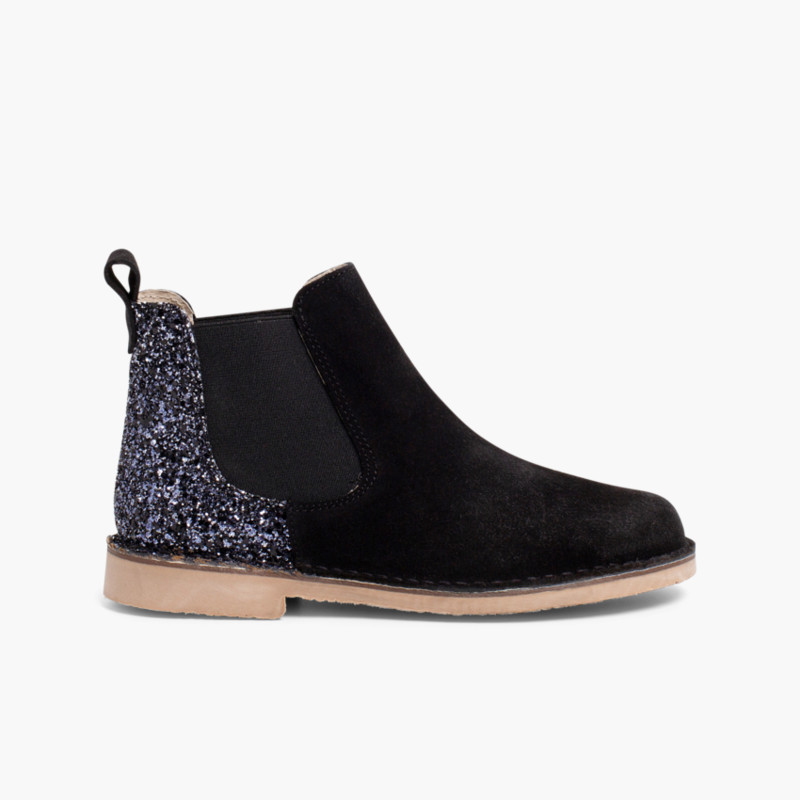 Botins Menina Camurça com traseira glitter Preto