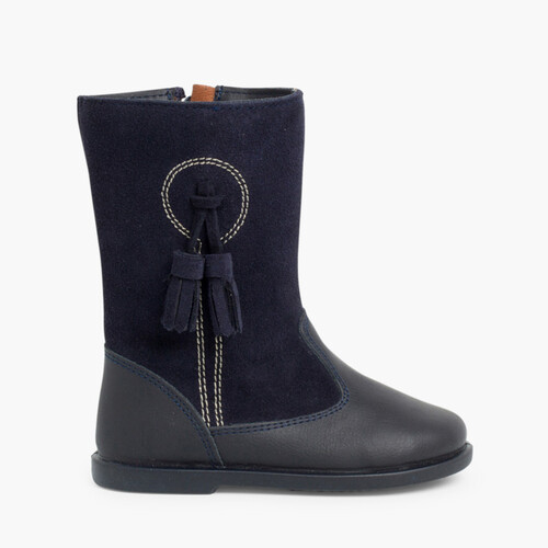 Botas Menina Pele e Camurça Berloques Azul Marinho