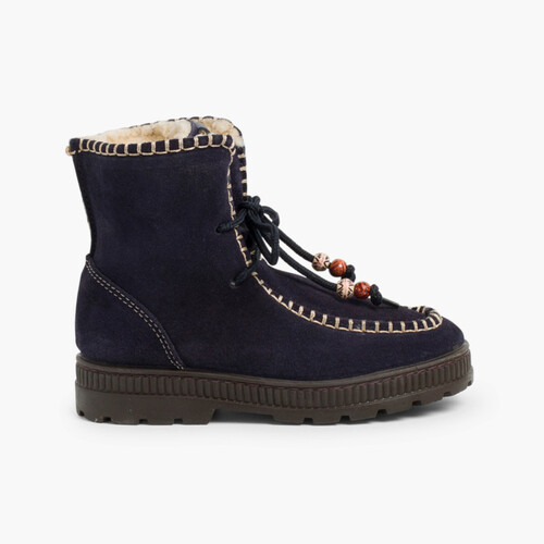 Botas Camurça com Missangas e Forro Felpudo Azul Marinho