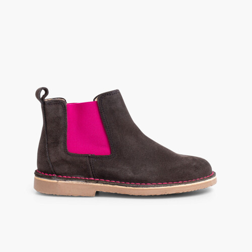 Botins de Camurça Crianças & Mulher com Elásticos de Cores Cinzento e Rosa