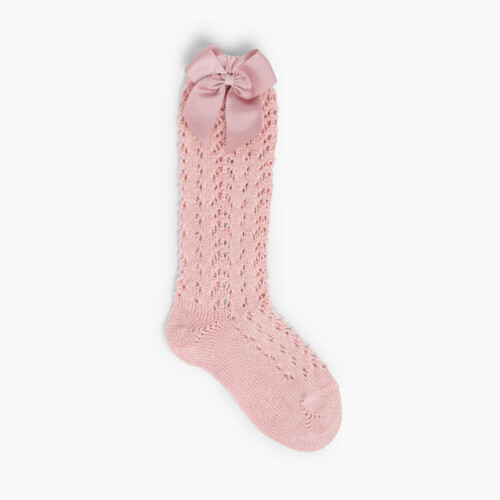 Meias Altas Cóndor Croché com Laço Rosa Pálido