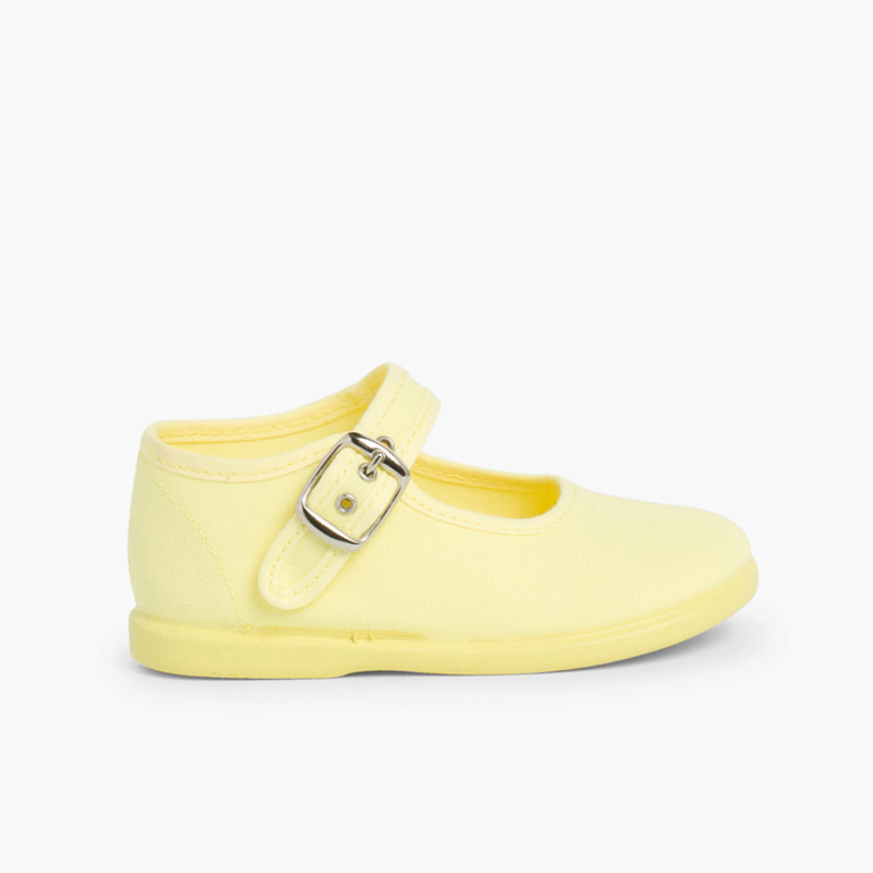 Sapatos Merceditas Tecido com Fivela Amarelo Limão