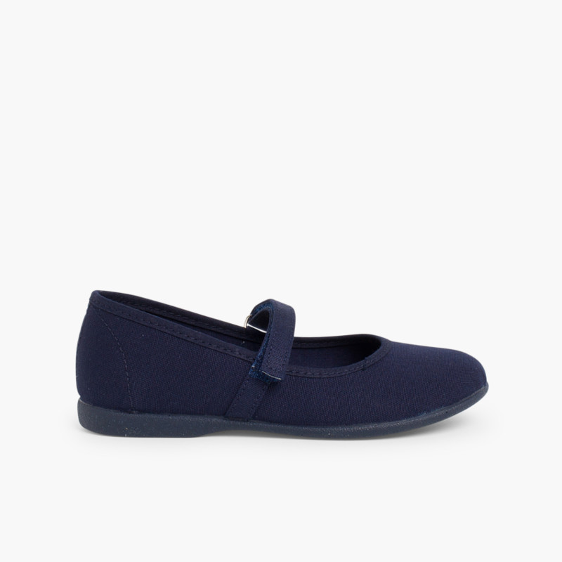 Sapatos Merceditas Tela com Tira Aderente Fina Azul Marinho