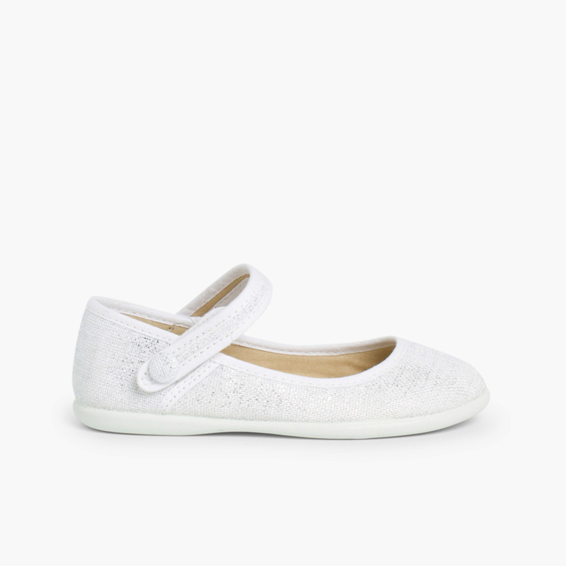 Sapatos Merceditas tiras aderentes em linho metalizado Branco