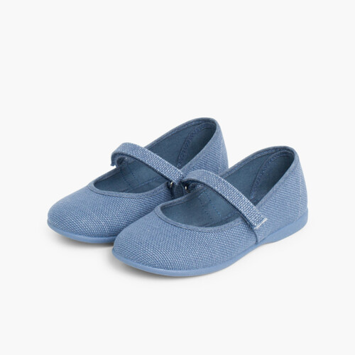 Sapatos Merceditas Linho com tiras aderentes   Fino Azul França