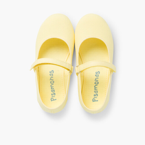 Sapatos Merceditas Tela com Tira Aderente Fina Amarelo Limão