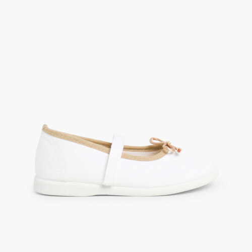 Sapatos de Tela Tira Aderente Fina com Laço Branco