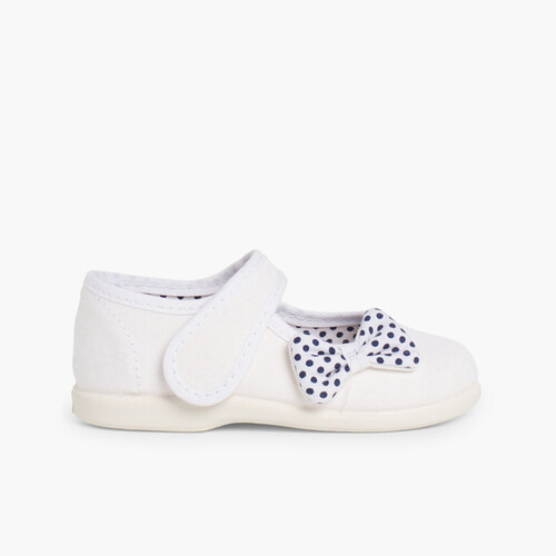 Sapatos Merceditas de Lona tiras aderentes Laço Bolinhas Branco