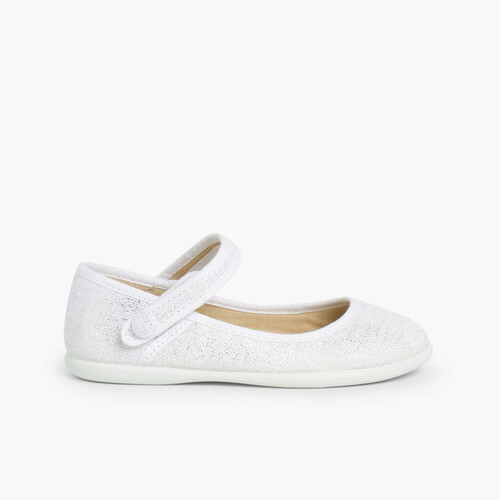Sapatos Merceditas tiras aderentes em linho metalizado Branco