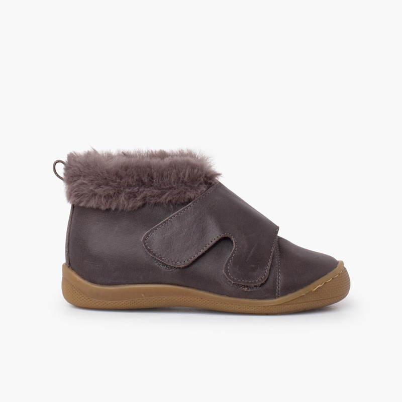 Botinha pele rebordo pelo tira larga Cinzento