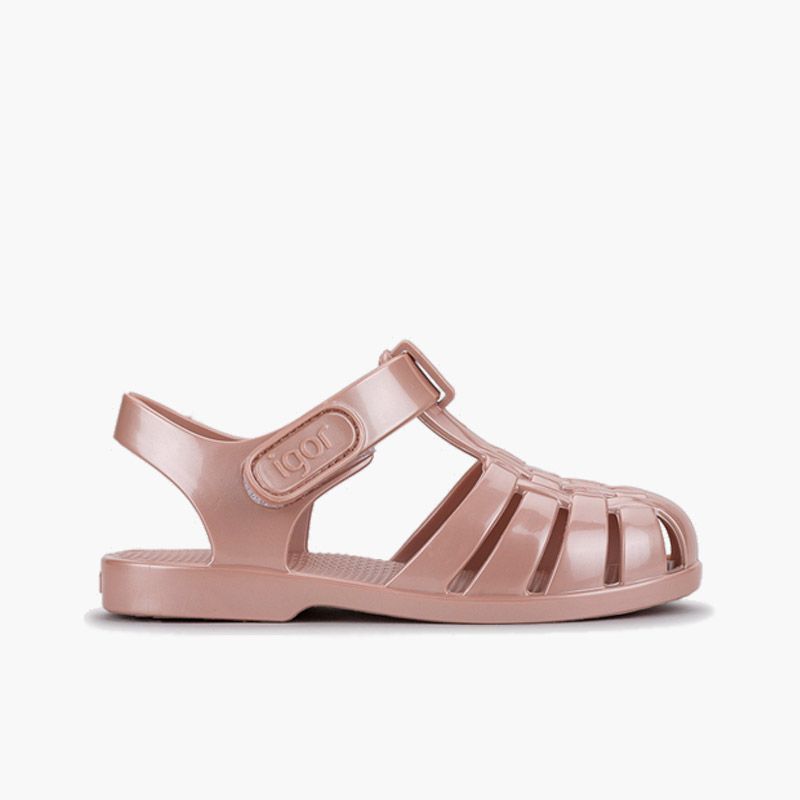 Sandálias borracha criança fecho aderente nácar