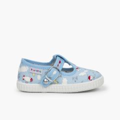 Sapatos Pepito Lona Estampada Fecho Botão Céu azul