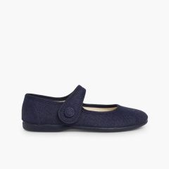 Sapatos Merceditas Linho tiras aderentes   Botão Azul Marinho