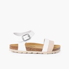 Sandália Tiras Bicolor Sola Bio Ergonómica Branco e Bege