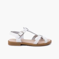Sandálias Pele Menina Tiras Fecho Fivela Branco