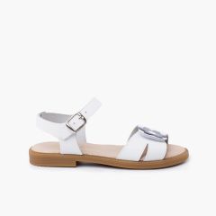 Sandália tira larga aderente flor fecho fivela Branco flor cinzento azulado