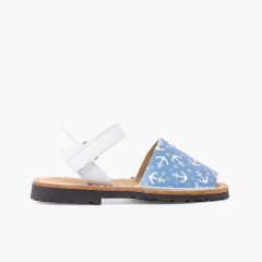 Menorquinas bicolor âncoras criança tira aderente Jeans Branco e Azul