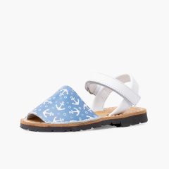 Menorquinas bicolor âncoras criança tira aderente Jeans Branco e Azul