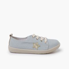 Sapatilhas lona estrela Azul e couro dourado