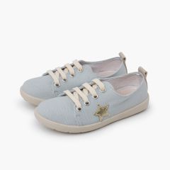 Sapatilhas lona estrela Azul e couro dourado