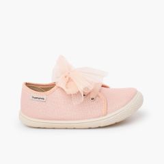 Sapatilhas barefoot brilho laço tule Rosa pêssego