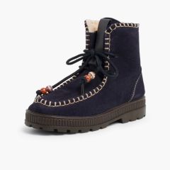 Botas Camurça com Missangas e Forro Felpudo Azul Marinho