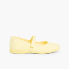 Sapatos Merceditas Tela com Tira Aderente Fina Amarelo Limão
