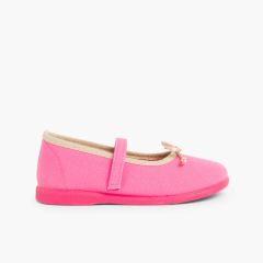 Sapatos de Tela Tira Aderente Fina com Laço Fúcsia