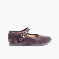 Sapatos Merceditas Veludo com Fivela Cinzento