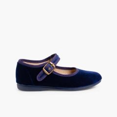 Sapatos Merceditas Veludo com Fivela Azul Marinho