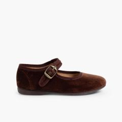 Sapatos Merceditas Veludo com Fivela Castanho