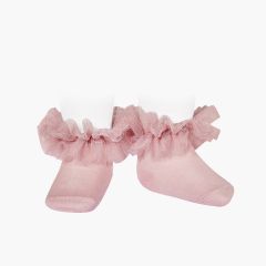 Meias pelo tornozelo tira de tule franzida Rosa Pálido