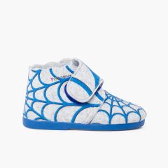 Pantufa bota feltro tira aderente Teia Aranha Azul